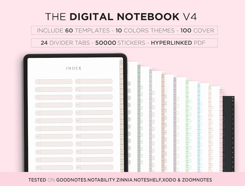 Puede incluir: Una maqueta de una aplicaci&oacute;n de cuaderno digital con el texto "THE DIGITAL NOTEBOOK V4" e "INDEX" en la pantalla. La aplicaci&oacute;n incluye 60 plantillas, 10 temas de colores, 100 cubiertas, 24 pesta&ntilde;as divisoras, 50.000 pegatinas y archivos PDF con hiperv&iacute;nculos. La aplicaci&oacute;n es compatible con Goodnotes, Notability, Zinnia, Noteshelf, Xodo y Zoomnotes.