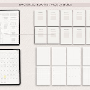 May include: A digital planner with 60 note-taking templates and 10 custom sections. The planner includes an index page, a grid page, and several lined pages. The planner is displayed on a tablet screen.