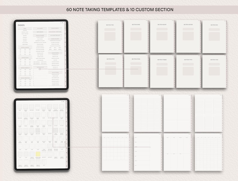 May include: A digital planner with 60 note-taking templates and 10 custom sections. The planner includes an index page, a grid page, and several lined pages. The planner is displayed on a tablet screen.