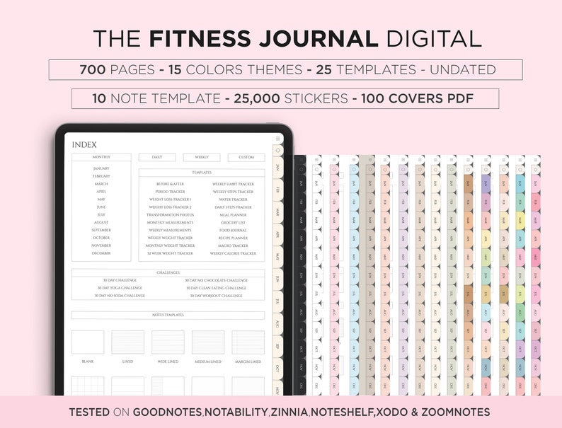 May include: A digital fitness journal with 700 pages, 15 colour themes, 25 templates, 10 note templates, 25,000 stickers, and 100 covers. The journal is compatible with Goodnotes, Notability, Zinnia, Noteshelf, Xodo, and Zoomnotes.