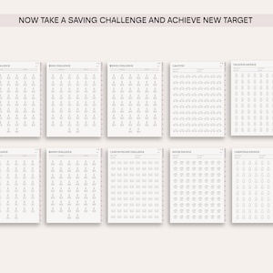 May include: A printable set of 10 black and white saving challenge trackers. Each tracker has a different theme, including "Book Challenge", "Birthday Challenge", "Car Fund", "Vacation Savings", "Home Savings", and "Christmas Savings".