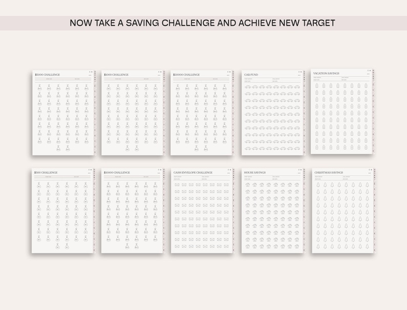 May include: A printable set of 10 black and white saving challenge trackers. Each tracker has a different theme, including "Book Challenge", "Birthday Challenge", "Car Fund", "Vacation Savings", "Home Savings", and "Christmas Savings".