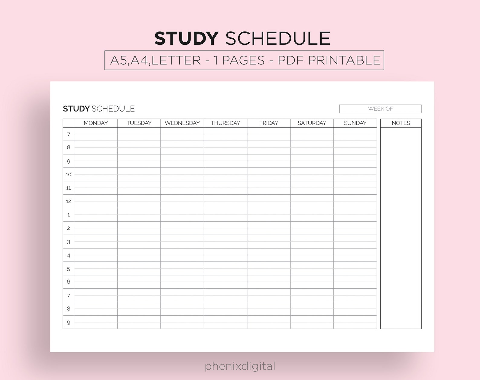 Study Schedule Hourly Agenda Weekly Timetable Day Time Planner | Etsy