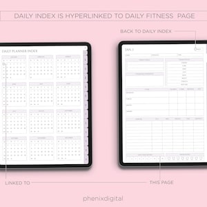 May include: A digital planner with a daily index page showing a calendar for the entire year. The daily index page is linked to a daily fitness page, which is shown on the right side of the image. The daily fitness page has a section for tracking workouts, meals, and other fitness-related activities.
