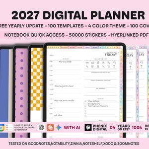 Könnte beinhalten: Ein digitaler Planer für 2027 auf einem Tablet-Bildschirm mit einer Tagesübersicht, stündlichen Zeitfenstern, einer Aufgabenliste und Bereichen für Selbstfürsorge. Die Benutzeroberfläche enthält verlinkte Reiter und verschiedene Farbthemen.