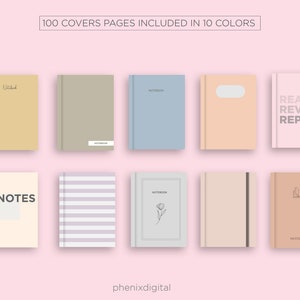 May include: A set of 10 different notebook cover designs. The covers are in various colors and feature simple designs, including stripes, flowers, and text. The text on the covers includes "Notebook", "Planner", "Notes", and "Read Revise Repeat".