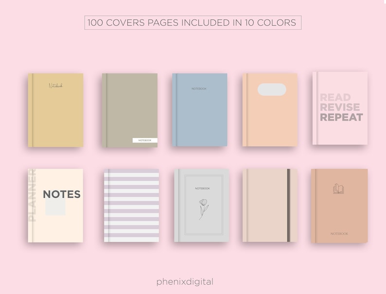 May include: A set of 10 different notebook cover designs. The covers are in various colors and feature simple designs, including stripes, flowers, and text. The text on the covers includes "Notebook", "Planner", "Notes", and "Read Revise Repeat".