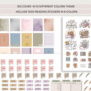May include: A set of 150 printable book journal covers in 10 different color themes, along with 1000 reading stickers in 8 colors. The covers feature various designs, including a cat reading a book, a book with a cup of coffee, and a book with a candle. The stickers feature various designs, including a cat reading a book, a book with a cup of coffee, and a book with a candle.