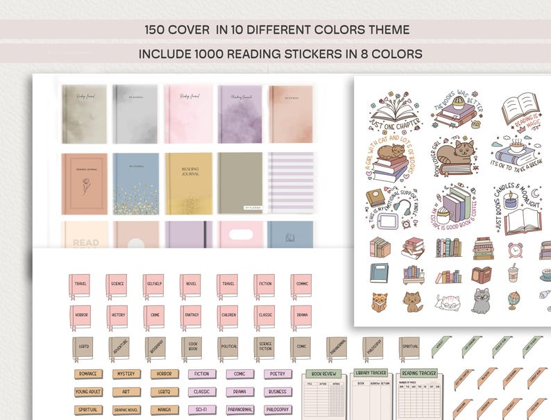 May include: A set of 150 printable book journal covers in 10 different color themes, along with 1000 reading stickers in 8 colors. The covers feature various designs, including a cat reading a book, a book with a cup of coffee, and a book with a candle. The stickers feature various designs, including a cat reading a book, a book with a cup of coffee, and a book with a candle.