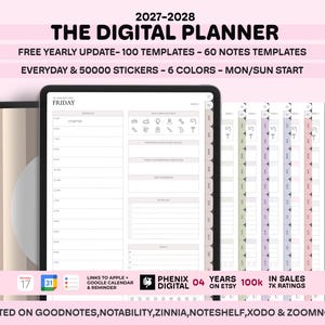 May include: A 2027-2028 digital planner displayed on a tablet screen, featuring a daily schedule, note templates, and stickers. The interface includes tabs for navigation, text labels for dates, and compatibility icons for various note-taking apps.