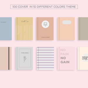 May include: Ten different coloured journal covers with various designs. The covers feature text such as "My Journey", "Weight Loss Journal", "Fitness Journal", "No Pain No Gain", and "Weight Loss Journal".