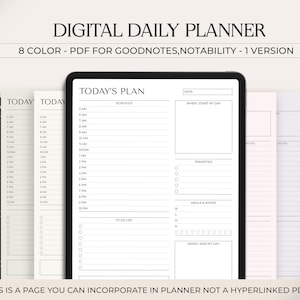 Op de afbeelding: Een digitale dagelijkse planner-sjabloon voor de apps GoodNotes en Notability. De sjabloon bevat een dagelijks schema, een to-dolijst, prioriteiten, een tracker voor maaltijden en water, en ruimte voor notities. De sjabloon is beschikbaar in 8 kleuren.