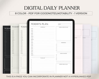 May include: A digital daily planner template for GoodNotes and Notability apps. The template features a daily schedule, to-do list, priorities, meals and water tracker, and space for notes. The template is available in 8 colors.