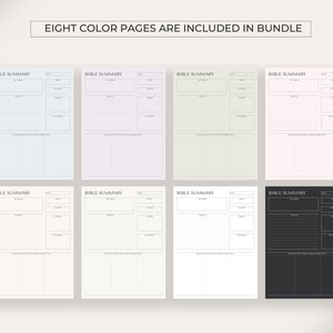 May include: Eight printable Bible study pages in different colors, including black, white, light blue, light pink, light green, and beige. Each page has the title "Bible Summary" and includes sections for date, book, chapter, verses, main points, and takeaways.