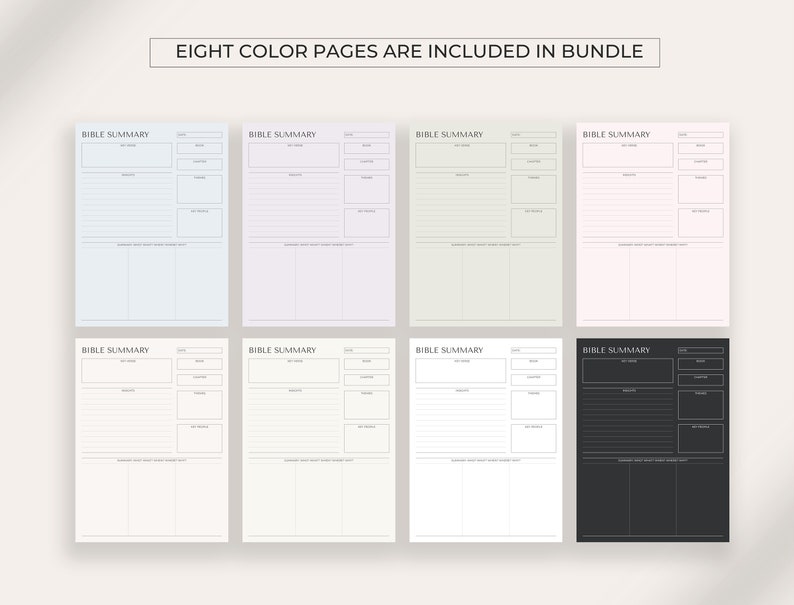May include: Eight printable Bible study pages in different colors, including black, white, light blue, light pink, light green, and beige. Each page has the title "Bible Summary" and includes sections for date, book, chapter, verses, main points, and takeaways.