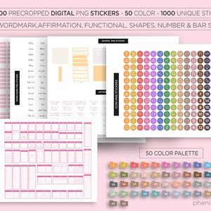 Puede incluir: Un conjunto de pegatinas digitales para planificadores con 50.000 pegatinas PNG precortadas en 50 colores. El conjunto incluye iconos, marcas de palabras, afirmaciones, formas funcionales, n&uacute;meros y pegatinas de barra. La imagen muestra una paleta de colores con 50 colores diferentes.