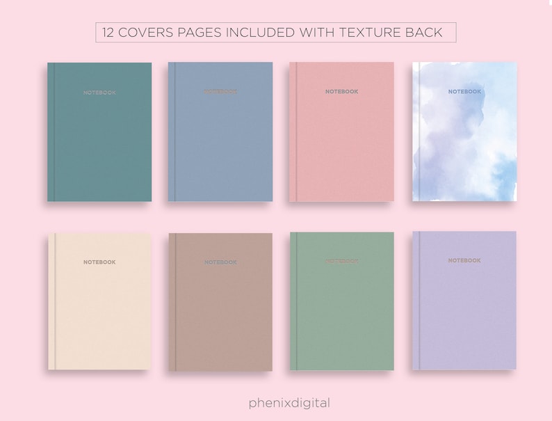Puede incluir: Doce dise&ntilde;os diferentes de cubiertas de cuadernos con la palabra "Notebook" impresa en dorado en cada cubierta. Las cubiertas presentan una variedad de colores y texturas, incluyendo azul, verde, rosa, marr&oacute;n, beige y morado. Las cubiertas est&aacute;n dispuestas en dos filas de seis, con el texto "12 COVERS PAGES INCLUDED WITH TEXTURE BACK" en la parte superior.