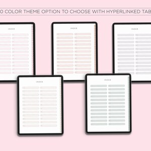 Puede incluir: Cinco plantillas de planificador digital con diferentes temas de color. Cada plantilla tiene el t&iacute;tulo "INDEX" y una lista numerada de l&iacute;neas en blanco para escribir.