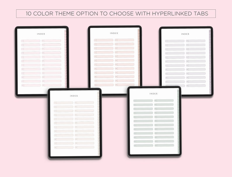 Puede incluir: Cinco plantillas de planificador digital con diferentes temas de color. Cada plantilla tiene el t&iacute;tulo "INDEX" y una lista numerada de l&iacute;neas en blanco para escribir.