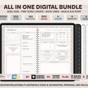以下が含まれることがあります： 「ALL IN ONE DIGITAL BUNDLE」のテキストが入ったデジタルプランナーバンドル。ステッカー、カバー、テンプレート、ページが含まれています。2025年と2026年向けに設計されており、Bohoテーマです。GoodNotes、Notabilityなどのアプリに対応しています。