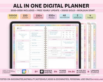 All-in-One Digital Planner 2026, 2027, 2028 Digital Planner, Digital Journal, Digital Goodnotes Template, Weekly, Daily Planner, Notability