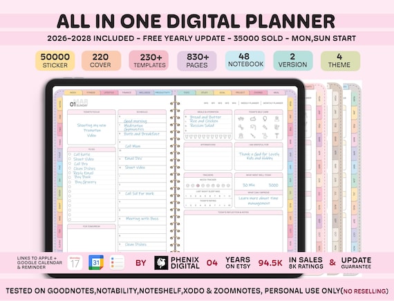 All-in-One Digital Planner 2026, 2027, 2028 Digital Planner, Digital Journal, Digital Goodnotes Template, Weekly, Daily Planner, Notability