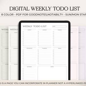 May include: A digital weekly to-do list template in PDF format for Goodnotes and Notability apps. The template features a simple design with a black and white color scheme. The list includes spaces for each day of the week, with sections for tasks, notes, and a date field.