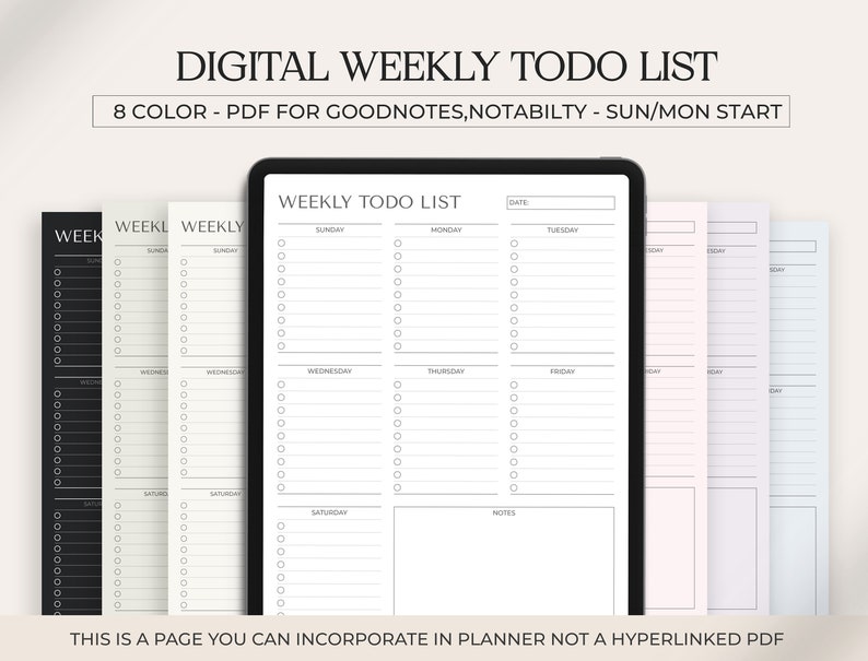 May include: A digital weekly to-do list template in PDF format for Goodnotes and Notability apps. The template features a simple design with a black and white color scheme. The list includes spaces for each day of the week, with sections for tasks, notes, and a date field.