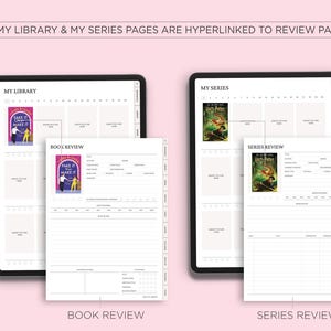 May include: Two digital tablets showing book review and series review pages. The "My Library" page displays a book cover, and the "My Series" page displays a book cover. The text "Book Review" and "Series Review" are visible.