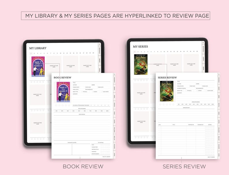 May include: Two digital tablets showing book review and series review pages. The "My Library" page displays a book cover, and the "My Series" page displays a book cover. The text "Book Review" and "Series Review" are visible.