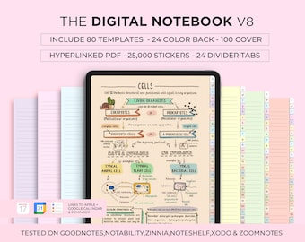 Cahier numérique avec onglets, carnet Goodnotes, carnet d'étudiant, journal numérique, modèle de notes numériques, calendrier Apple Google Planner