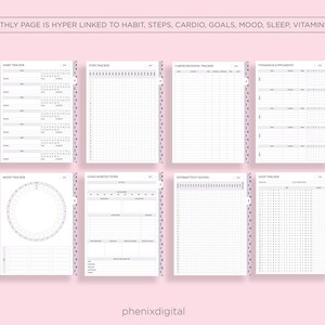 May include: A printable planner page with a grid layout for tracking habits, steps, cardio, goals, mood, sleep, vitamins, and intermittent fasting. The page is designed to help users stay organised and on track with their health and wellness goals.