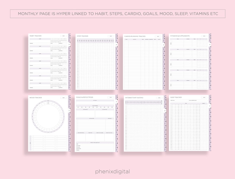 May include: A printable planner page with a grid layout for tracking habits, steps, cardio, goals, mood, sleep, vitamins, and intermittent fasting. The page is designed to help users stay organised and on track with their health and wellness goals.