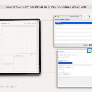 May include: A digital calendar template for February with a grid layout for daily scheduling. The template is designed to be hyperlinked to Apple and Google Calendar, allowing users to easily add events and reminders. The image shows a screenshot of the calendar template on a tablet device, along with a pop-up window for adding events to Apple and Google Calendar.