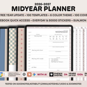 May include: A 2026-2027 midyear digital planner displayed on a tablet screen, featuring a daily schedule layout with sections for self-care, intentions, and to-do lists. The planner includes various cover designs, colour themes, and digital stickers.