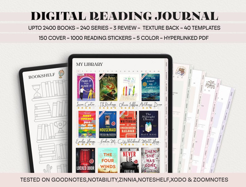 May include: A digital reading journal template with a bookshelf, a library list, and a reading log. The template is designed for use with digital note-taking apps like GoodNotes, Notability, and ZoomNotes. The template includes 2400 books, 240 series, 3 review sections, 40 templates, 150 covers, 1000 reading stickers, 5 colors, and hyperlinked PDFs.