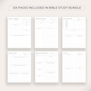 May include: Six printable pages for a Bible study journal. The pages include sections for Bible summary, sermon notes, daily prayer, reflection, biblical profiles, and SOAP.