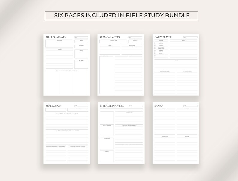 May include: Six printable pages for a Bible study journal. The pages include sections for Bible summary, sermon notes, daily prayer, reflection, biblical profiles, and SOAP.