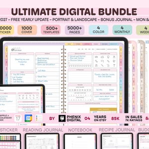 May include: Digital planner bundle with a pink and white theme. Includes templates, stickers, and a bonus journal. Features a portrait and landscape layout, with monthly and weekly views. The text reads "Ultimate Digital Bundle".