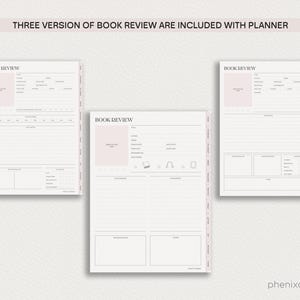 May include: Three different versions of a book review planner page. Each page has a space for the book title, author, genre, and other details. The pages also have space for notes and a rating system.