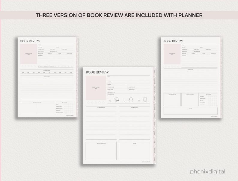 May include: Three different versions of a book review planner page. Each page has a space for the book title, author, genre, and other details. The pages also have space for notes and a rating system.