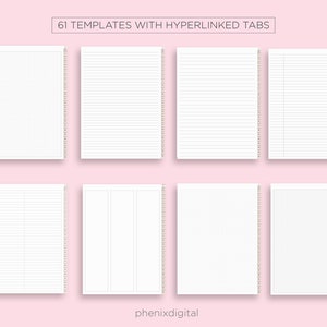 Puede incluir: Ocho p&aacute;ginas de planificador digital imprimibles diferentes con una variedad de dise&ntilde;os, que incluyen p&aacute;ginas rayadas, cuadriculadas y en blanco. Las p&aacute;ginas est&aacute;n dise&ntilde;adas para usar con una aplicaci&oacute;n de planificador digital y cuentan con pesta&ntilde;as hipervinculadas para una f&aacute;cil navegaci&oacute;n. El texto "61 PLANTILLAS CON PESTA&Ntilde;AS HIPERVINCULADAS" est&aacute; en la parte superior de la imagen.
