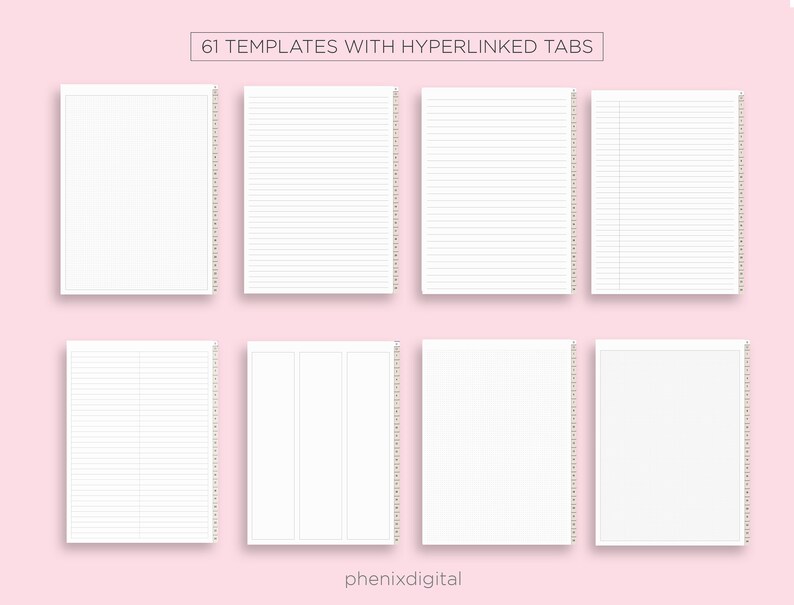 Puede incluir: Ocho p&aacute;ginas de planificador digital imprimibles diferentes con una variedad de dise&ntilde;os, que incluyen p&aacute;ginas rayadas, cuadriculadas y en blanco. Las p&aacute;ginas est&aacute;n dise&ntilde;adas para usar con una aplicaci&oacute;n de planificador digital y cuentan con pesta&ntilde;as hipervinculadas para una f&aacute;cil navegaci&oacute;n. El texto "61 PLANTILLAS CON PESTA&Ntilde;AS HIPERVINCULADAS" est&aacute; en la parte superior de la imagen.