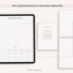 May include: A digital planner template with ten custom sections and ten note templates. The planner has a white background with gray lines and text. The text says "Custom Sections" and "Section Two".