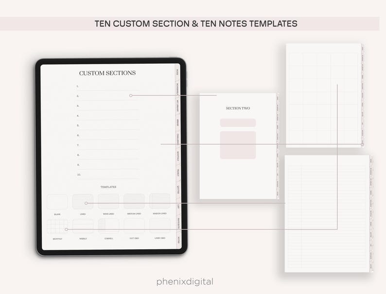 May include: A digital planner template with ten custom sections and ten note templates. The planner has a white background with gray lines and text. The text says "Custom Sections" and "Section Two".