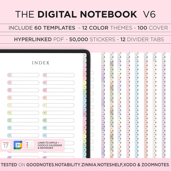 Digitales Notizbuch, Goodnotes-Notizbücher, Notizbuch mit Tab, Hochformat, liniertes digitales Journal, Vorlage für digitale Notizen, Studenten-Notizbuch