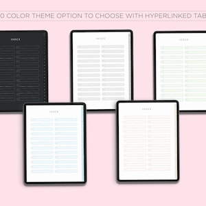 Puede incluir: Diez opciones de tema de color diferentes para una p&aacute;gina de &iacute;ndice con pesta&ntilde;as hipervinculadas. La p&aacute;gina de &iacute;ndice se muestra en la pantalla de una tableta. Los temas de color incluyen negro, gris, verde claro, azul claro y blanco.