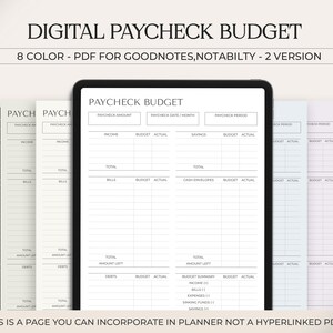 Könnte beinhalten: Ein digitaler druckbarer Budgetplaner für die Apps Goodnotes und Notability. Der Planer soll Benutzern helfen, ihre Einnahmen, Ausgaben, Ersparnisse und Bargeldbriefe zu verfolgen. Der Planer ist in 8 verschiedenen Farben erhältlich.