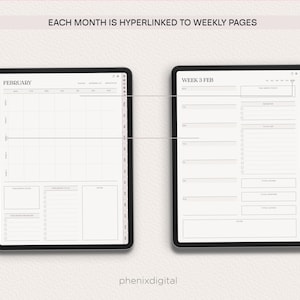 May include: Two digital planner pages, one for February and one for Week 3 of February. The February page has a grid layout for daily tasks and notes. The weekly page has a section for each day of the week with space for tasks and notes.