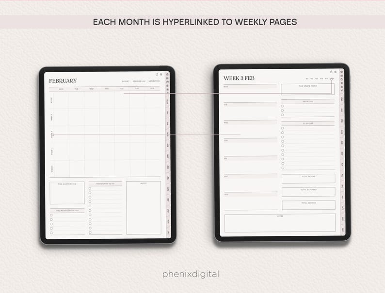 May include: Two digital planner pages, one for February and one for Week 3 of February. The February page has a grid layout for daily tasks and notes. The weekly page has a section for each day of the week with space for tasks and notes.